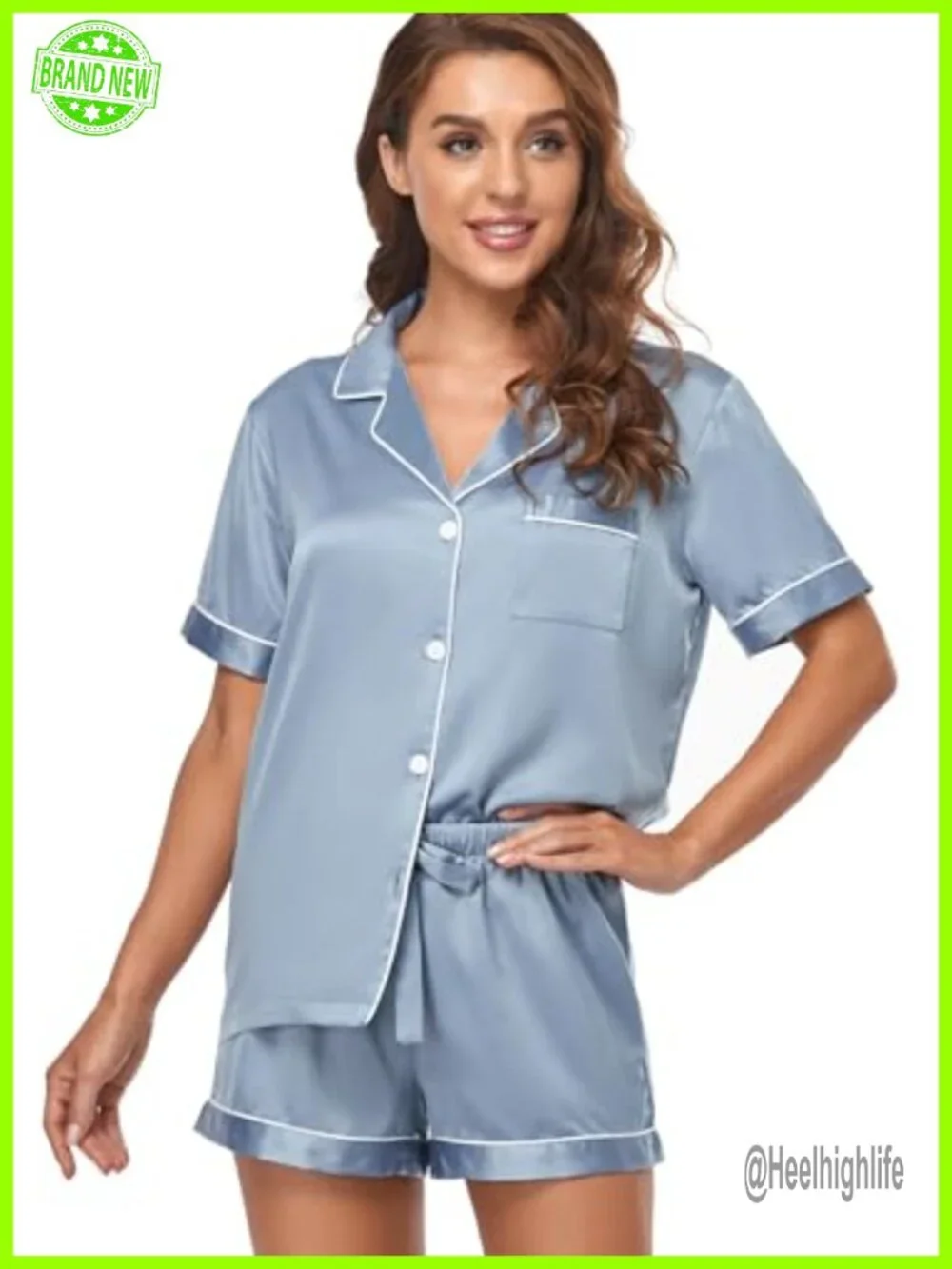 Women's Satin Pajama Set 2-Piece Button Down Short Sleeve Silky Sleepwear